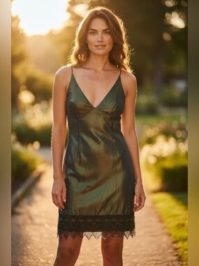 VINTAGE Y2K IRIDESCENT OLIVE GREEN M”TAHARI SILK BEADED HEM MINI DRESS EUC  8